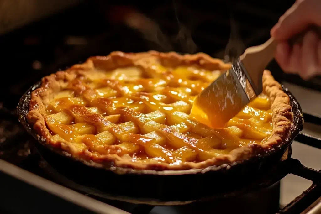 Brushing baked French apple pie with jam