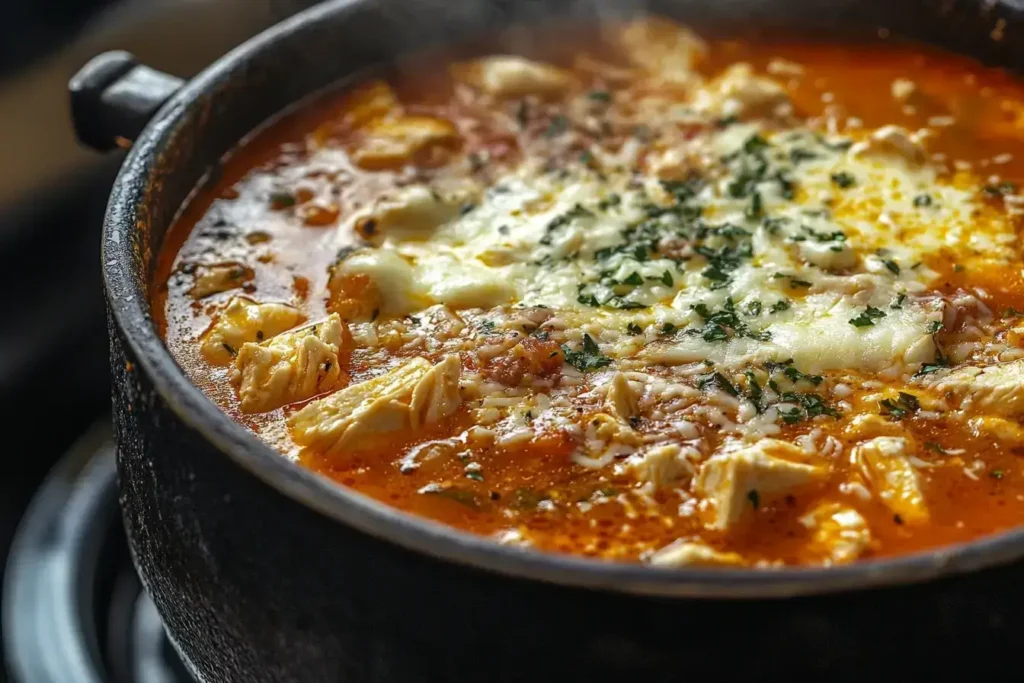Finished chicken parmesan soup with melted cheese and chicken