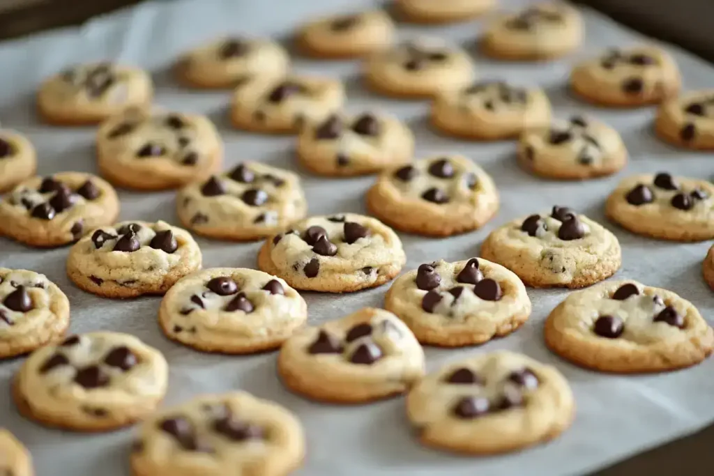 Mini cookie dough balls on parchment paper before baking