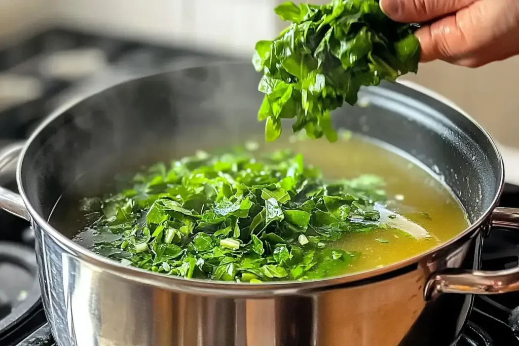 Stirring escarole into the soup