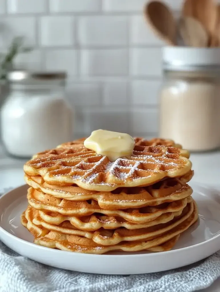 Flipped golden waffles ready to serve