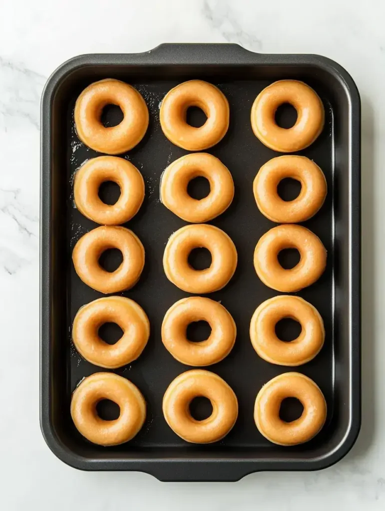 Donut batter piped into pan ready for baking