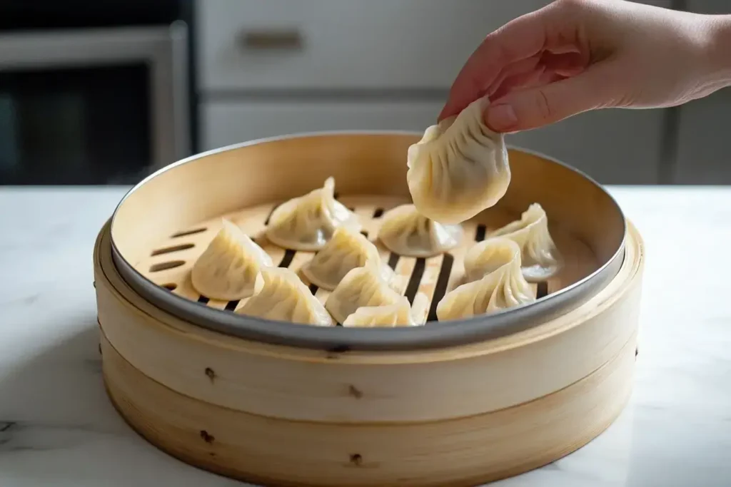 Vegan soup dumplings arranged in bamboo steamer