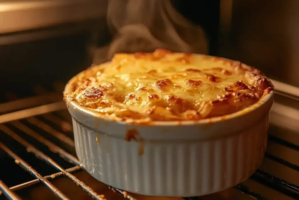Golden baked onion soup rice fresh out of the oven