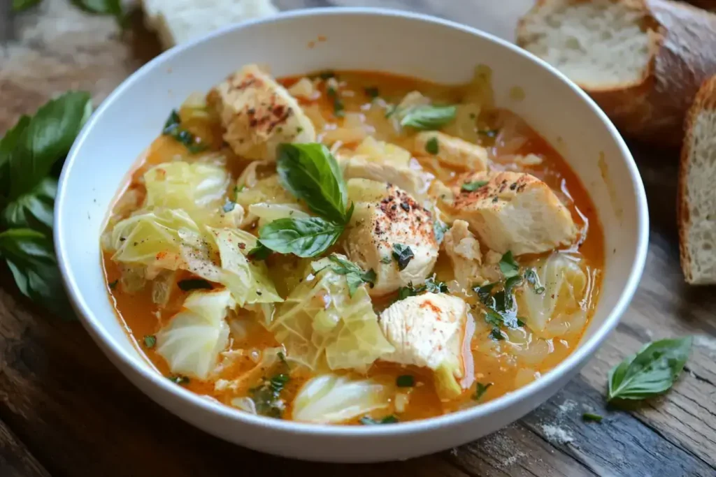 Serving hot chicken cabbage soup with parsley garnish