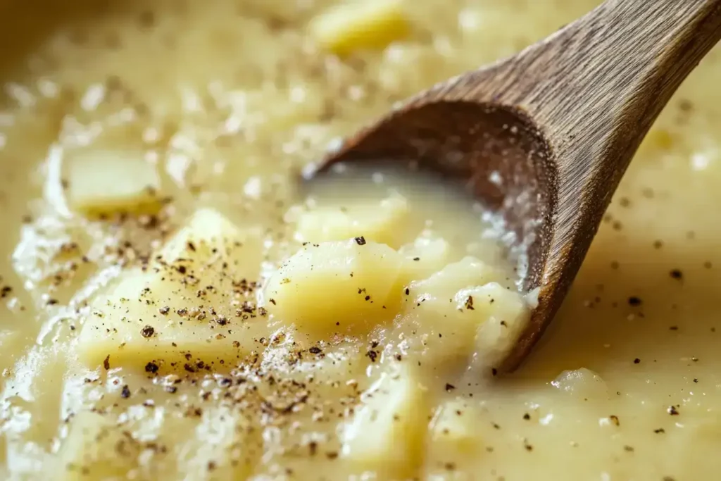 Creamy potato onion soup being stirred in pot