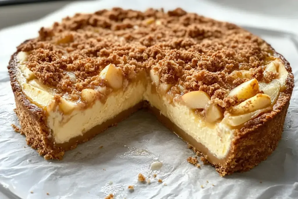 Finished apple pie cheesecake with crumble top