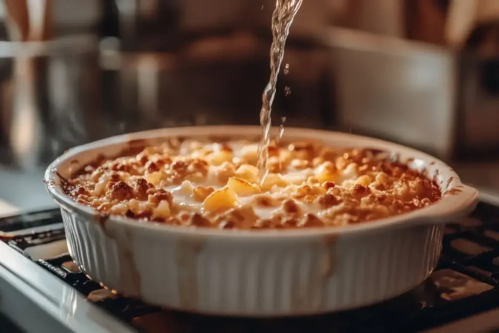 Pouring boiling water over unbaked cobbler