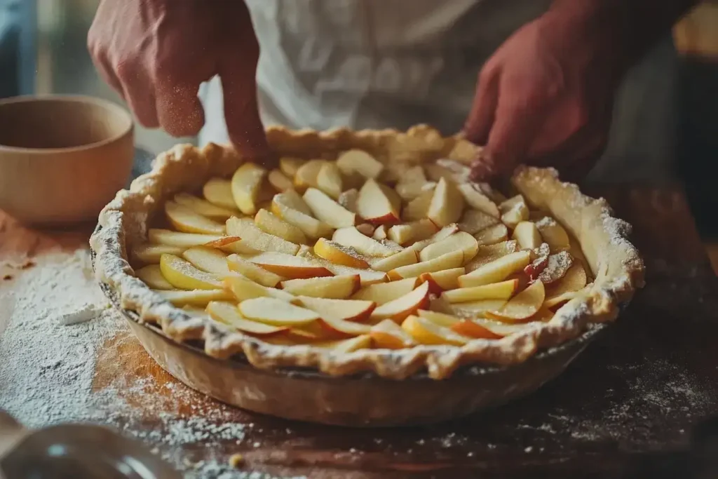 Filling pie crust with apple slices