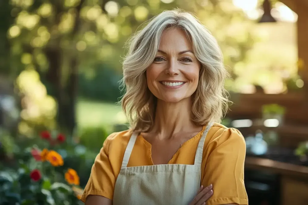 Chef Kima smiling in her home garden, wearing a yellow blouse and beige apron, surrounded by flowers and greenery.