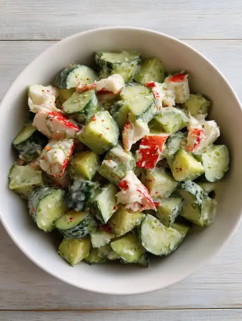 California roll cucumber salad in a bowl with crab, cucumber, and avocado.