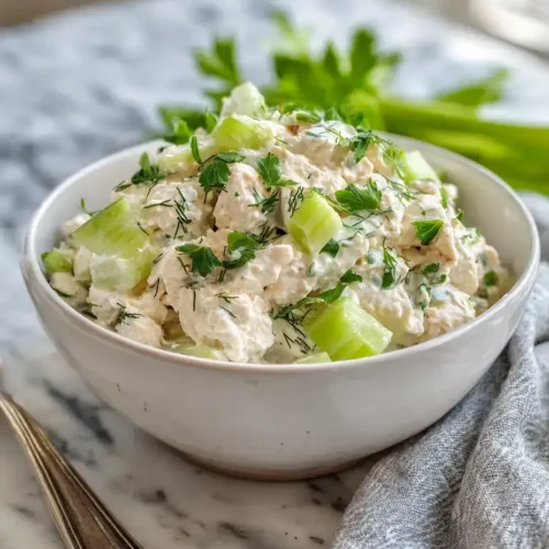 Creamy cottage cheese chicken salad served fresh in a bowl