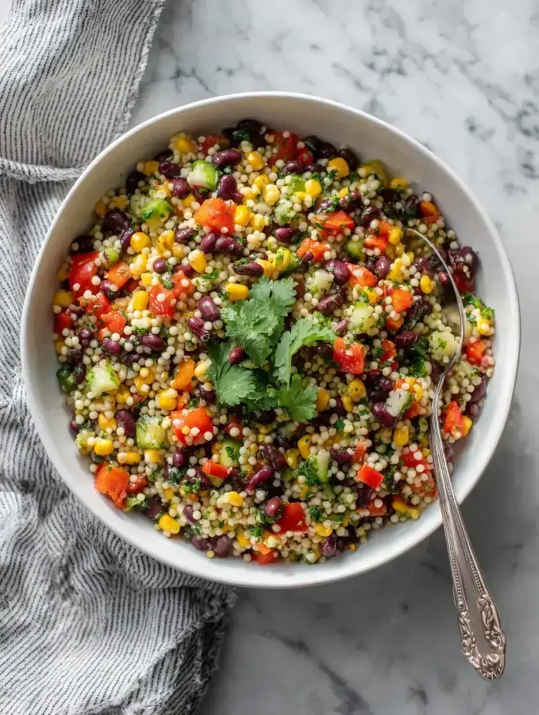 Cowboy caviar couscous salad in a white bowl on a wooden table