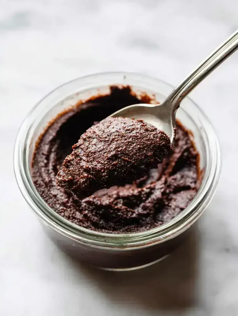 Spoon of edible brownie batter in glass bowl on marble countertop