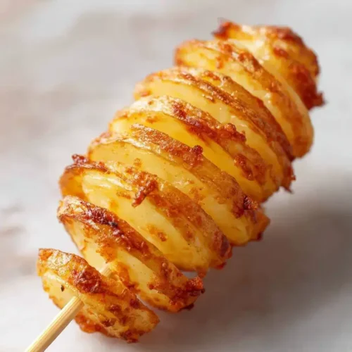 Crispy tornado potato recipe on a stick on marble countertop