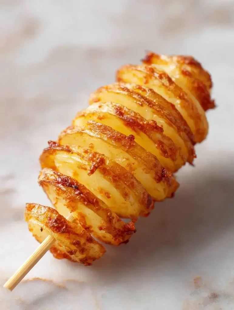 Crispy tornado potato recipe on a stick on marble countertop