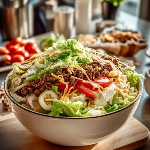 Big Mac salad recipe with pickles and cheese in a white bowl