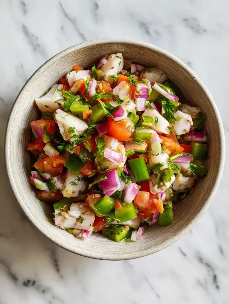 Fresh conch salad recipe served in a white bowl on marble countertop