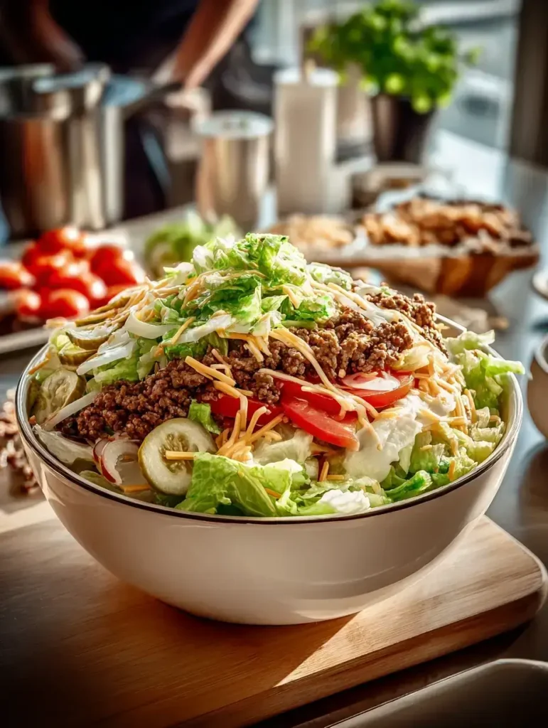 Big Mac salad recipe with pickles and cheese in a white bowl