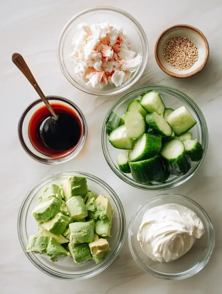 All ingredients for California roll cucumber salad displayed in clear bowls.