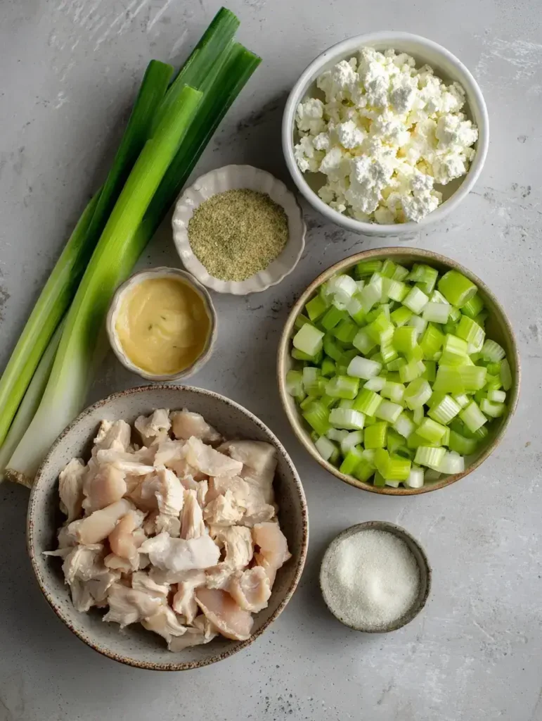 Healthy and creamy cottage cheese chicken salad in a serving bowl with herbs and celery
