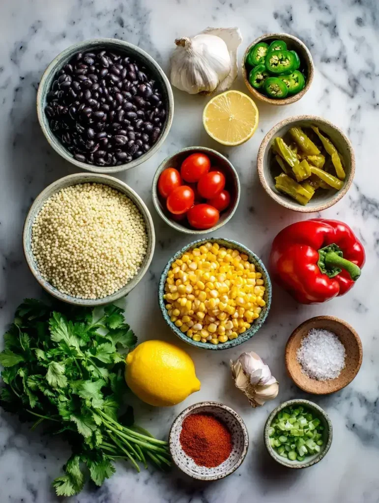 Cowboy caviar couscous salad ingredients displayed before preparation