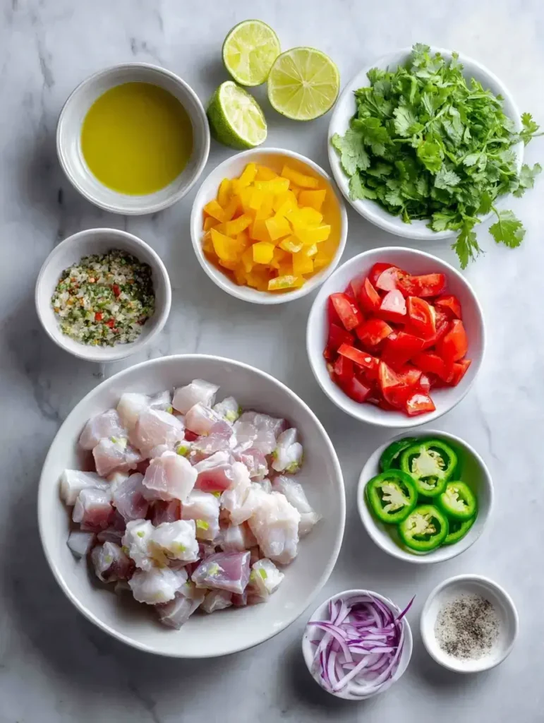 Raw ingredients for Caribbean conch salad recipe on marble counter