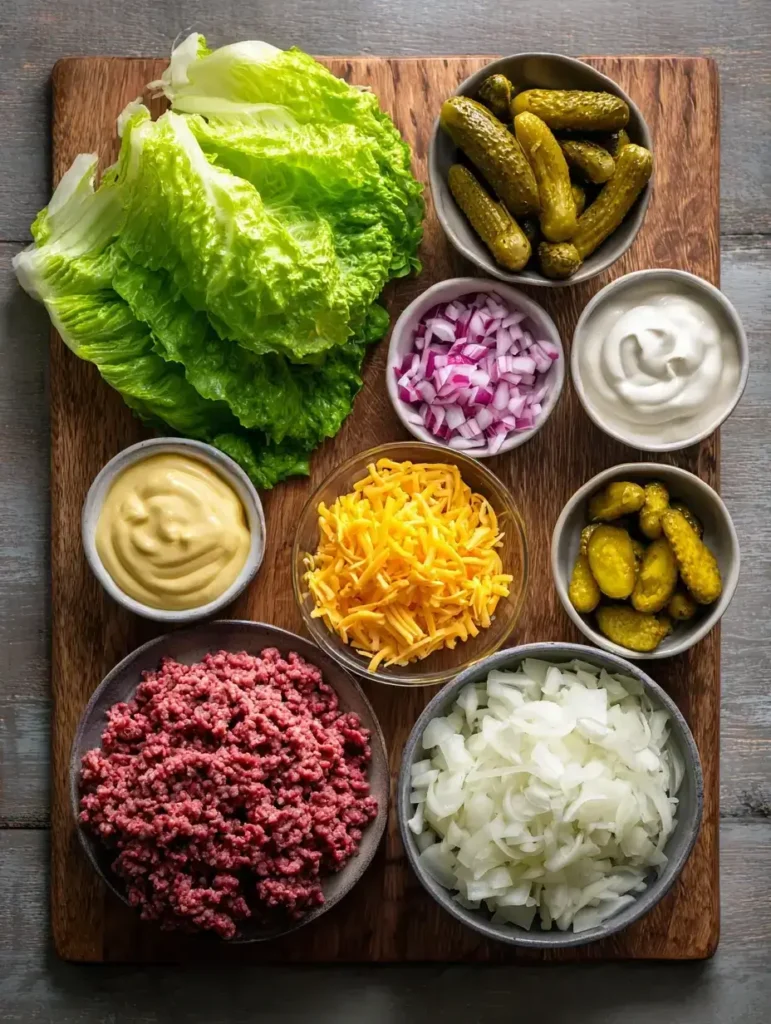Ingredients for Big Mac salad laid out on a wooden board