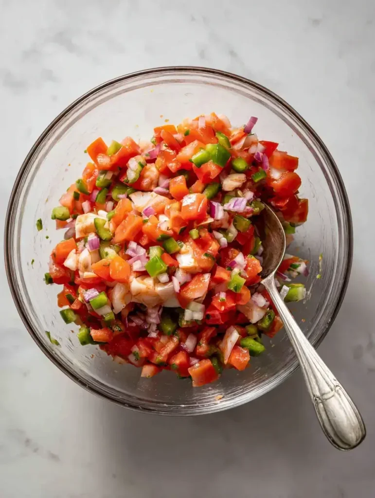 Mixing vegetables and conch in a bowlMixing vegetables and conch in a bowl