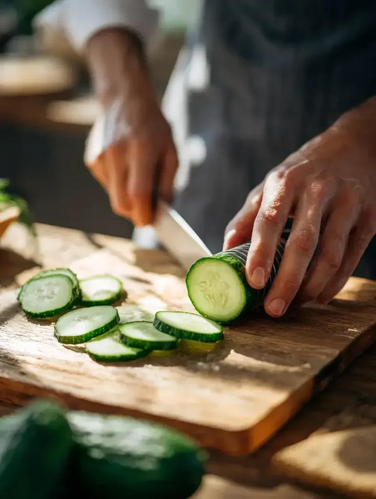 Slicing cucumber into thin rounds for California roll salad.