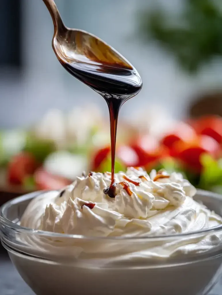 Soy sauce being drizzled into a bowl of whipped cream cheese.
