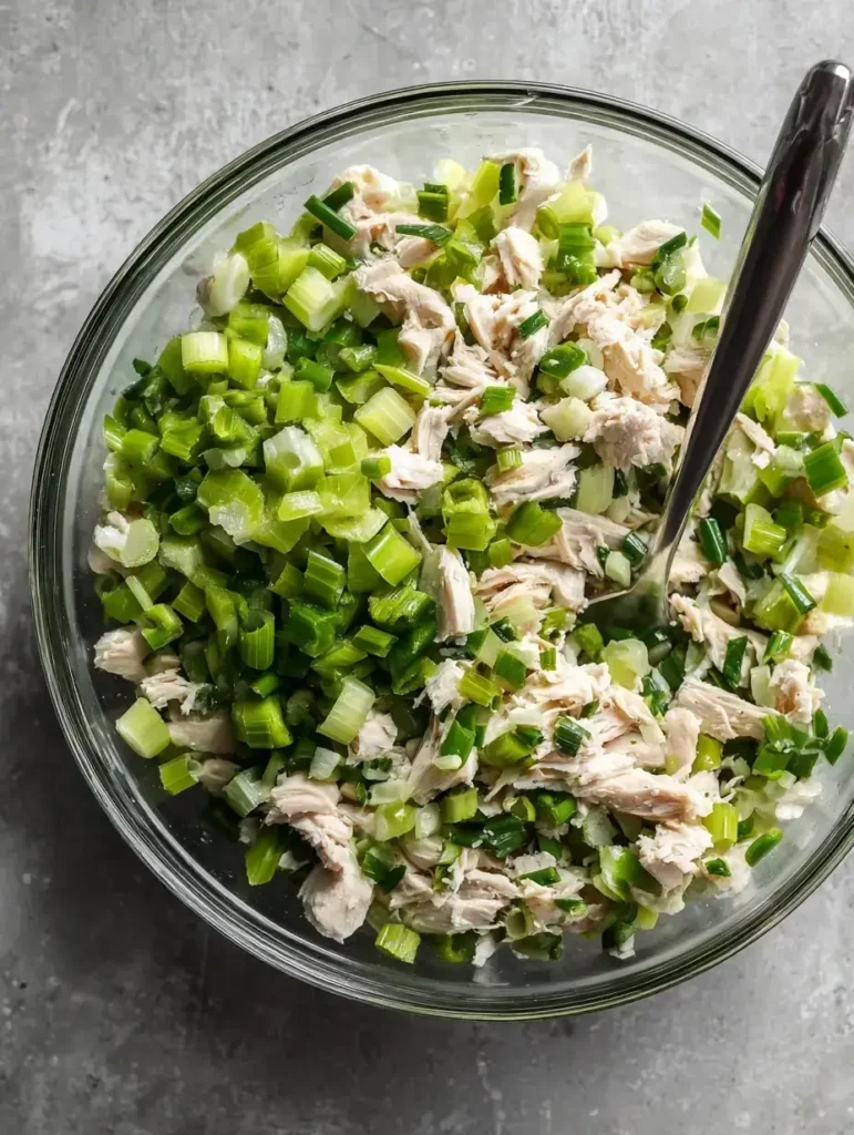 Mixing chicken, celery, and green onions for the salad base