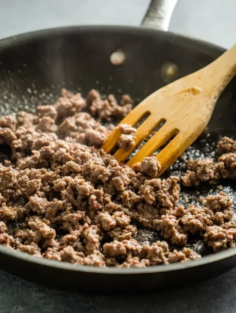 Browning ground beef in skillet for salad