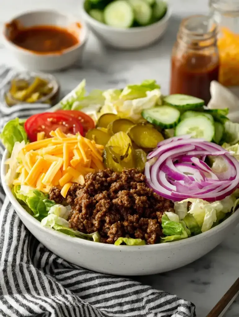 Assembling Big Mac salad in bowls
