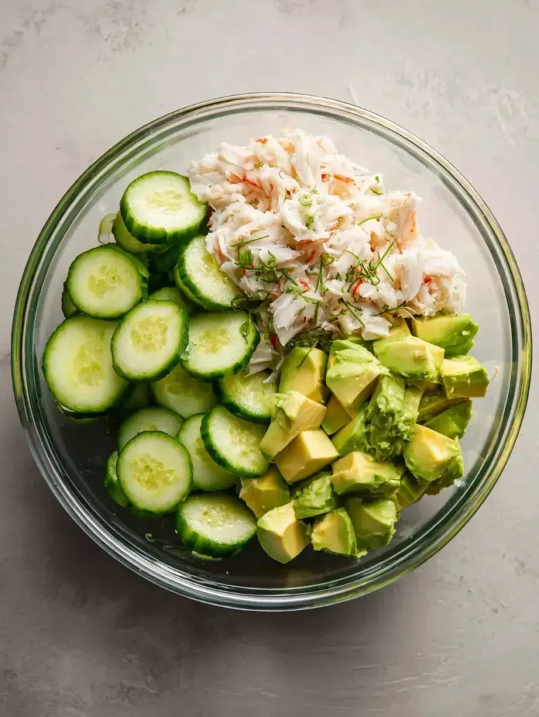 Cucumber, crab, and avocado being combined in a bowl.
