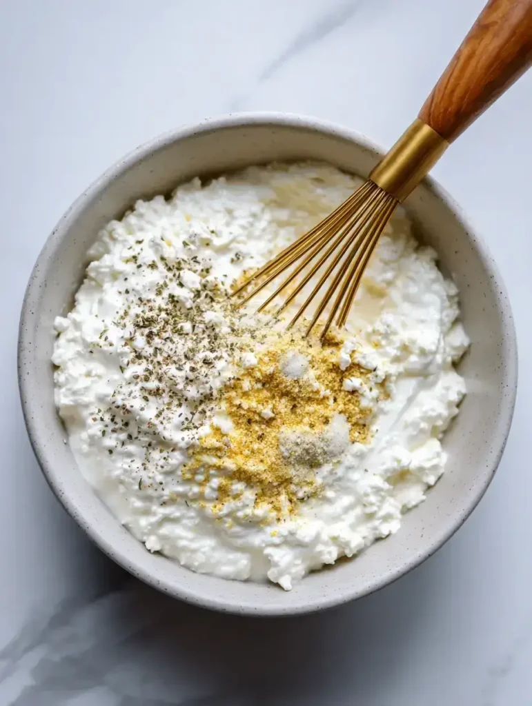 Stirring cottage cheese with seasonings for salad dressing