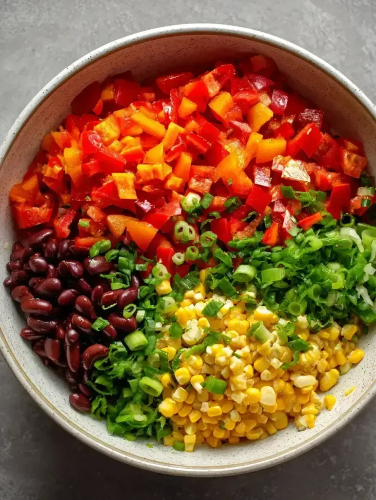 Combining veggies for cowboy caviar couscous salad