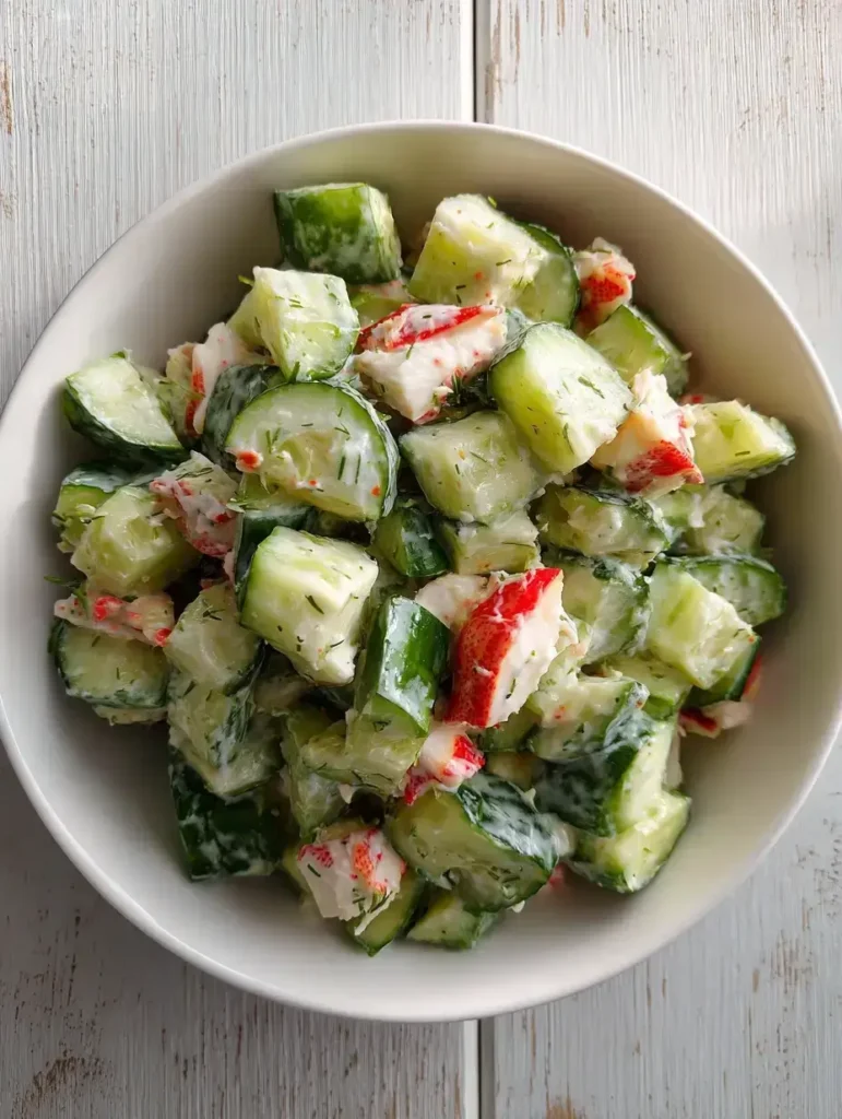 Final mixing and garnishing of California roll cucumber salad.