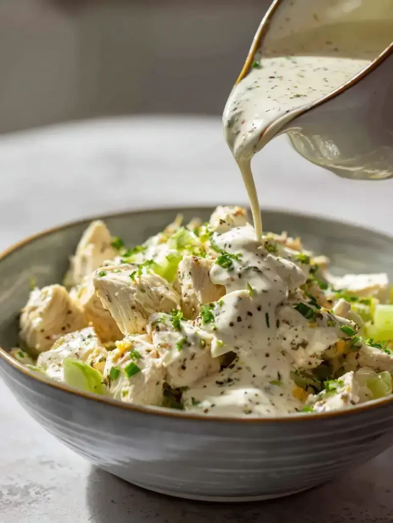 Mixing cottage cheese dressing into chicken salad