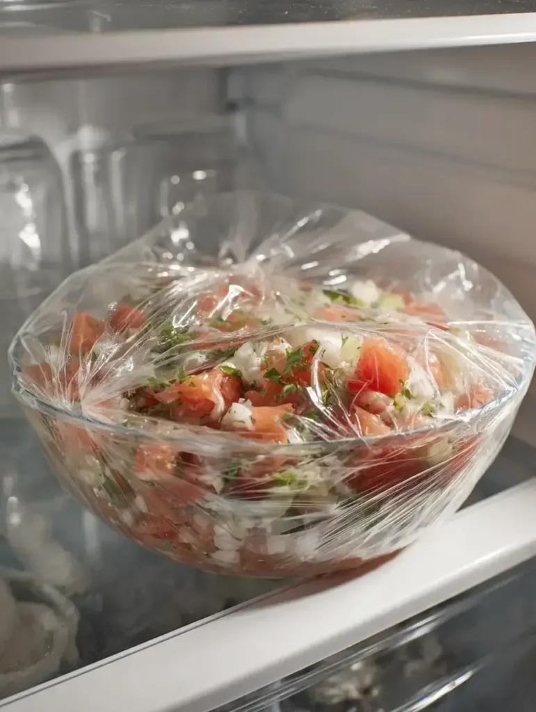 Conch salad chilling in refrigerator