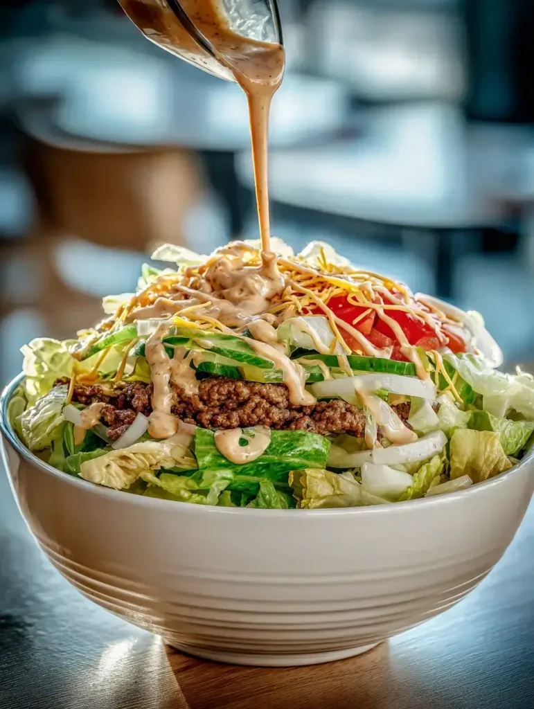 Finished Big Mac salad with sauce and sesame seeds