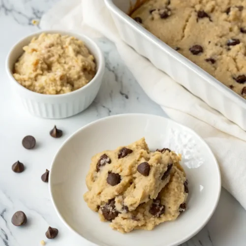 Delicious keto cookie dough in a bowl with chocolate chips.