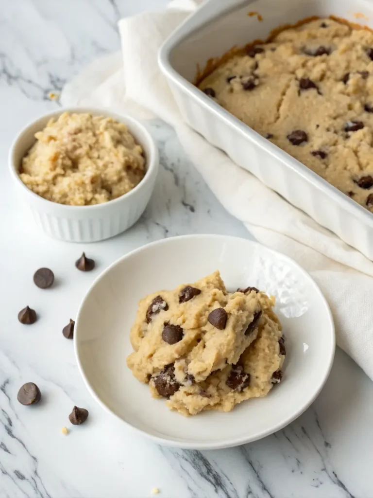 Delicious keto cookie dough in a bowl with chocolate chips.
