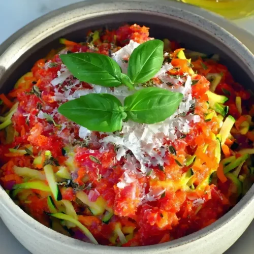 Delicious low carb spaghetti zucchini noodles with a vibrant tomato sauce.
