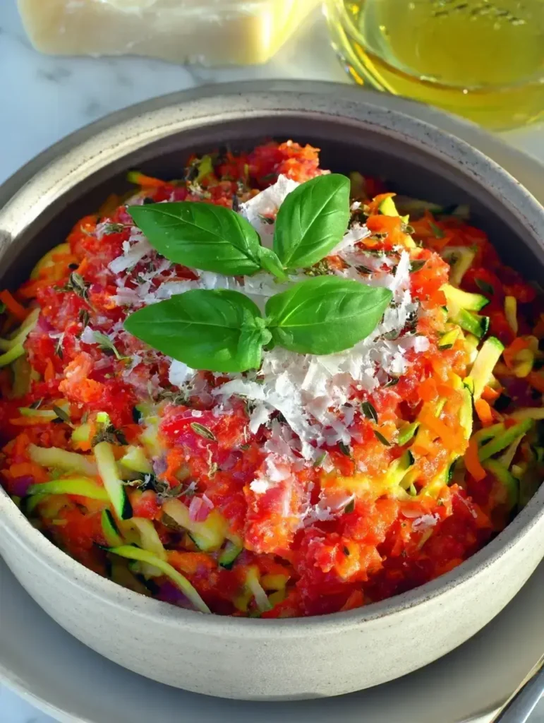 Delicious low-carb zucchini noodles with a vibrant tomato sauce.