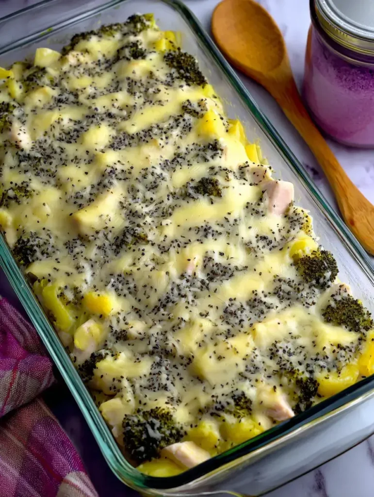 Delectable Keto Chicken Broccoli Casserole in a baking dish.