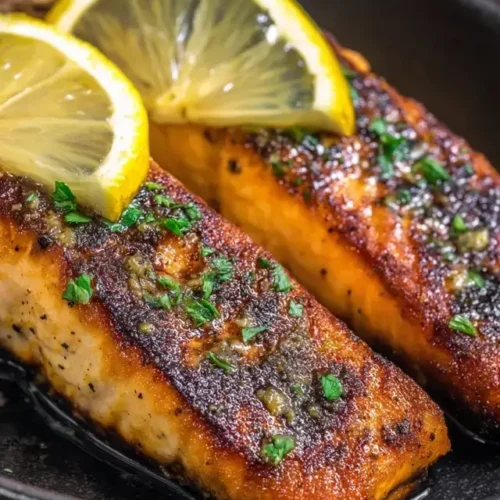 Perfectly pan-seared keto salmon fillet with lemon and dill garnish.