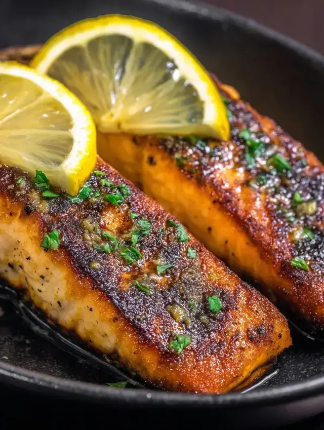 Perfectly pan-seared keto salmon fillet with lemon and dill garnish.
